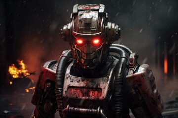Inferno Guardian: Futuristic Robot Firefighter Emerges Heroically from the Blazing Inferno
