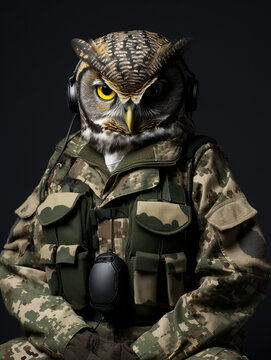 An Anthropomorphic Owl Dressed Up as a Soldier in a Camo Uniform