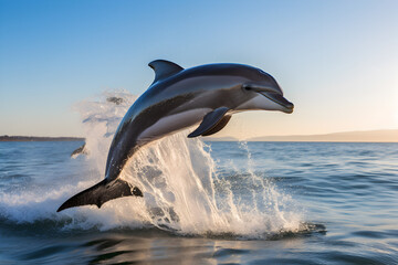 Bottlenose dolphin leaping in blue ocean with splash.