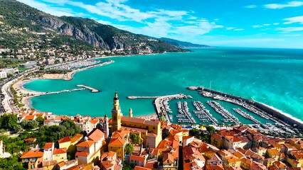 View of Menton, a town on the French Riviera in southeast France known for beaches and the Serre de la Madone garden, France