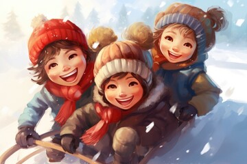 Obraz na płótnie Canvas Snowy Laughter: Illustration of Joyful Children Playing and Sledding in Winter Wonderland, Dressed in Cozy Winter Attire