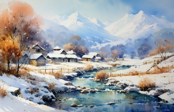 Winter snow, country landscape. Log houses. Watercolor painting, Candlemas concept