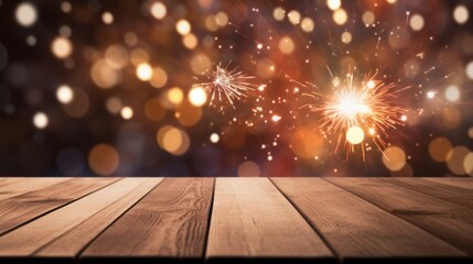 Wood floor empty with bokeh lights on fireworks background, Advertisement, Print media, Illustration, Banner, for website, copy space, for word, template, presentation - obrazy, fototapety, plakaty