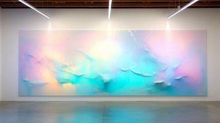 An iridescent epoxy wall that shimmers with a play of colors when light hits it, creating a mesmerizing effect in a contemporary art gallery.