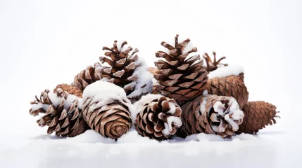 Foto auf Alu-Dibond A Dry pine cones covered with snow Isolated on white background. © Phoophinyo