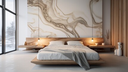 A marbled epoxy wall with subtle, organic swirls of color, creating a serene backdrop for a minimalist bedroom.