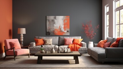 A modern living room with dove-gray textured walls and vibrant coral accents.