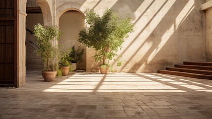 Fototapeta na wymiar A picturesque view of a textured travertine floor leading to an open courtyard, bathed in soft sunlight.