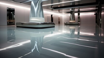 A polished stainless steel floor reflecting overhead lights, creating a sleek and futuristic ambiance.