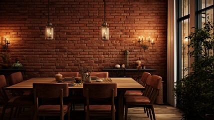 An image of a dining room with walls showcasing a rich, earthy brick texture in warm terracotta, complemented by rustic wooden furniture and soft, amber lighting,
