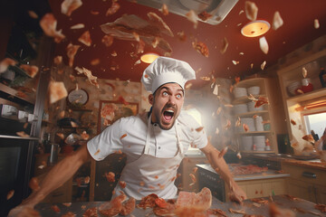 Raging chef over the table with red meat in the kitchen with flying pieces of meat in the air, overreacting cook, copy space