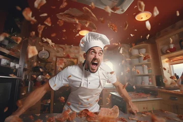 Fotobehang Raging chef over the table with red meat in the kitchen with flying pieces of meat in the air, overreacting cook, copy space © Zoran Karapancev