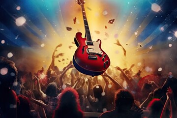 Harmony in Strings, a music poster featuring an electric guitar, fans united by holding hands, and an airbrush art style. - obrazy, fototapety, plakaty