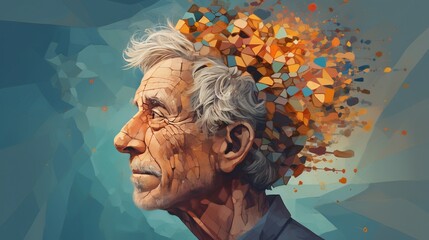 Mental health concept: an illustration of an elderly male portrait symbolizing the complexities of brain function, dementia, and Alzheimer's disease. - obrazy, fototapety, plakaty