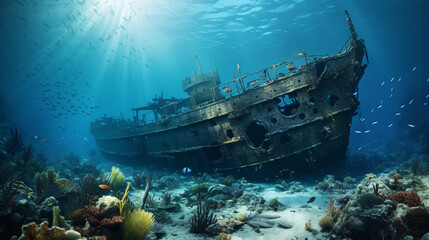 Shipwreck at the bottom of the sea