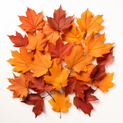 Naklejka na ściany i meble heart shaped pile of autumn leaves isolated on white background, AI Generative.