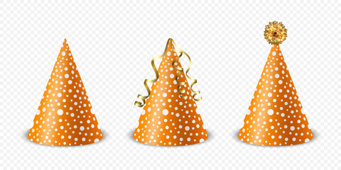 Vector 3d Realistic Orange and White Birthday Party Hat Icon Set Isolated on White Background. Party Cap Design Template for Party Banner, Greeting Card. Holiday Hats, Cone Shape, Front View