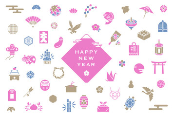 日本のお正月アイコンが並んだ年賀状デザイン