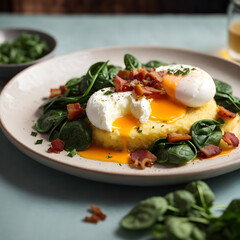 Breakfast Polenta with Poached Eggs, Bacon, Spinach - A Savory Morning Delight