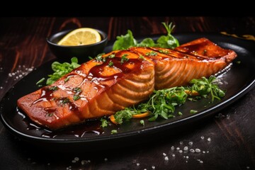 Succulent grilled salmon fillet with herbs and a balsamic glaze on a dark plate