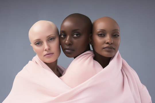 3 bald women. One black, one white and one trans With different colored clothes to show diversity. Pink Gradient.One of them with headscarves. solidarity on National Cancer Combat Day