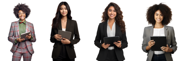 Set of Portrait of young business woman happy smiling and standing hands holding using tablet computer, isolated on white background, png