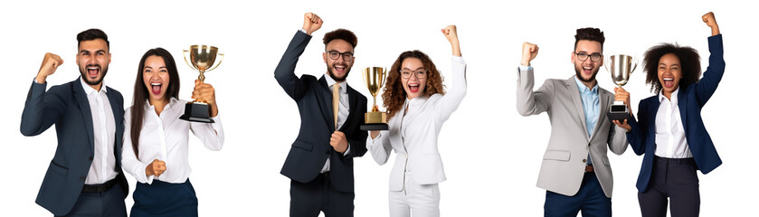 Set of couple young businessman and businesswoman holding a trophy celebrating success business, Standing happy smiling posing, isolated on white background, png - obrazy, fototapety, plakaty