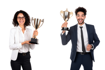 Portrait of young businessman and businesswoman holding a trophy celebrating success business, Standing happy smiling posing, isolated on white background, png