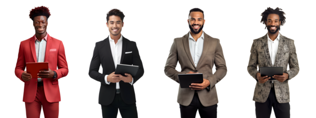 Set of Portrait of young businessman using tablet computer, Standing happy smiling posing, isolated on white background, png