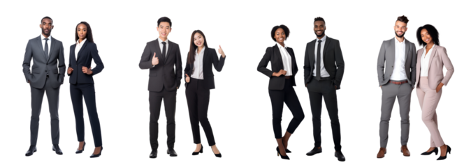 Set of Portrait concept of partnership in business. Young man and woman standing posing happy smiling, Full body isolated on white background, png