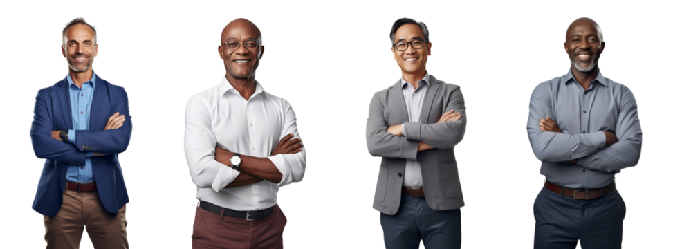 Set of Portrait of a middle aged businessman happy smiling and standing posing arms crossed, isolated on white background, png