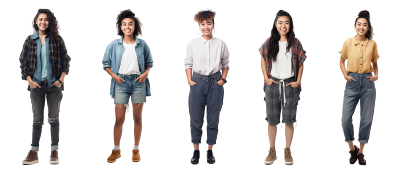 Set of Portrait of young woman happy smiling joyfully standing posing full body, isolated on white background, png