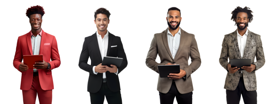 Set of Portrait of young businessman using tablet computer, Standing happy smiling posing, isolated on white background, png