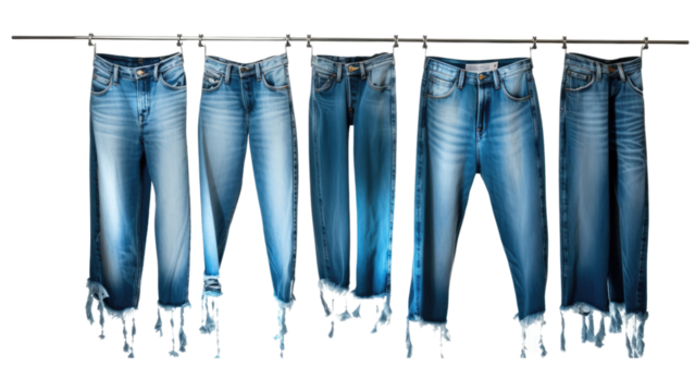 Blue jeans shirt and shorts jeans on hanging and blue torn jeans isolated on transparent background