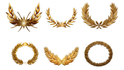 Set of golden ribbons, laurel wreaths of different shapes for winners gold podium 3d realistic luxury leadership award on transparent background, PNG file
