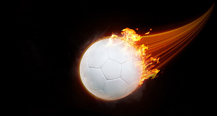 Naklejka premium Soccer ball flies with fast effect in black background.