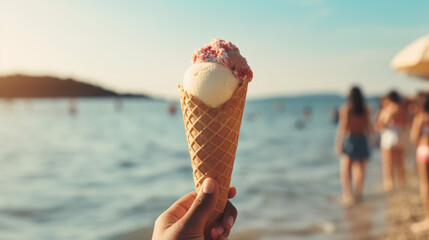 This image features an individual enjoying a vanilla gelato on a sunny beach, with family and friends in the background, embodying the essence of a wonderful summer day.