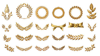 Set of golden ribbons, laurel wreaths of different shapes for winners gold podium 3d realistic luxury leadership award on transparent background, PNG file - obrazy, fototapety, plakaty