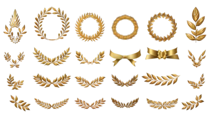 Fotobehang Set of golden ribbons, laurel wreaths of different shapes for winners gold podium 3d realistic luxury leadership award on transparent background, PNG file © Sasint