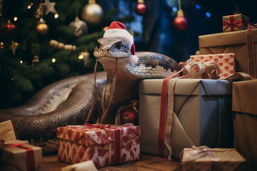 a cute snake in a santa claus hat opening his presents - obrazy, fototapety, plakaty