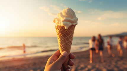 This image features an individual enjoying a vanilla gelato on a sunny beach, with family and friends in the background, embodying the essence of a wonderful summer day.