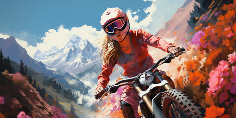 An energetic woman with a helmet riding her bike against a stunning mountain backdrop, with vivid, rich colors bringing nature to life in a close-up view.