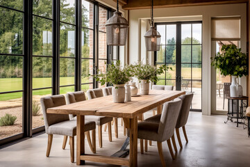 Fototapeta premium Rustic country house dining room with solid wood dining table and upholstered chairs looking out onto the estate contemporary interior room design