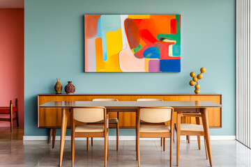 Retro style dining room with laminate dining table and chairs with sideboard set against the blue wall with abstract wall poster interior room design