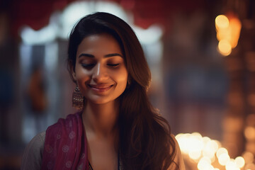 Obraz premium Indian woman at Diwali celebration with candles and Diya oil lamps. Hindu festival of light