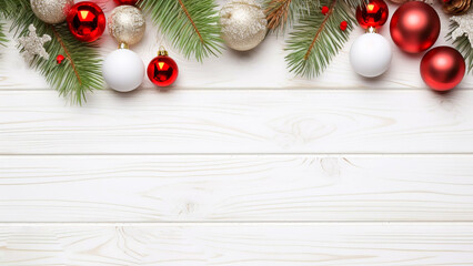 Fototapeta na wymiar Festive top Christmas border of baubles and fir leaves on a white painted wood panelled background Christmas and new year card celebration image