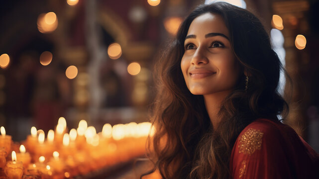 Indian woman at Diwali celebration with candles and Diya oil lamps. Hindu festival of light
