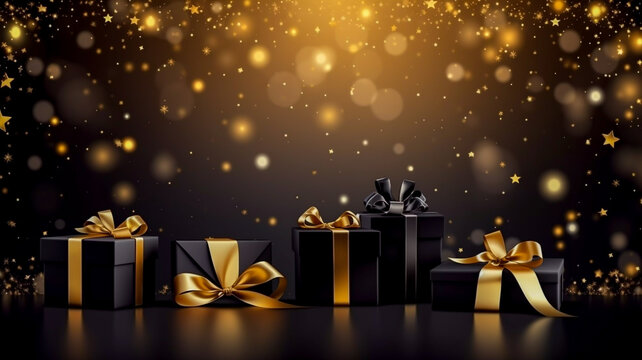 Black Christmas Gift Boxes With Gold Ribbons Set Against An Out Of Focus Black Background With Stars And Lights Festive Christmas Card Greeting Image