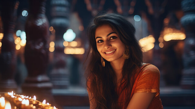 Indian woman at Diwali celebration with candles and Diya oil lamps. Hindu festival of light