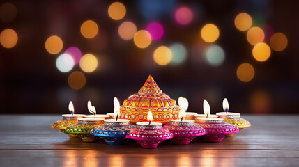 Diya oil lamps lit during Diwali. Hindu festival of lights celebration